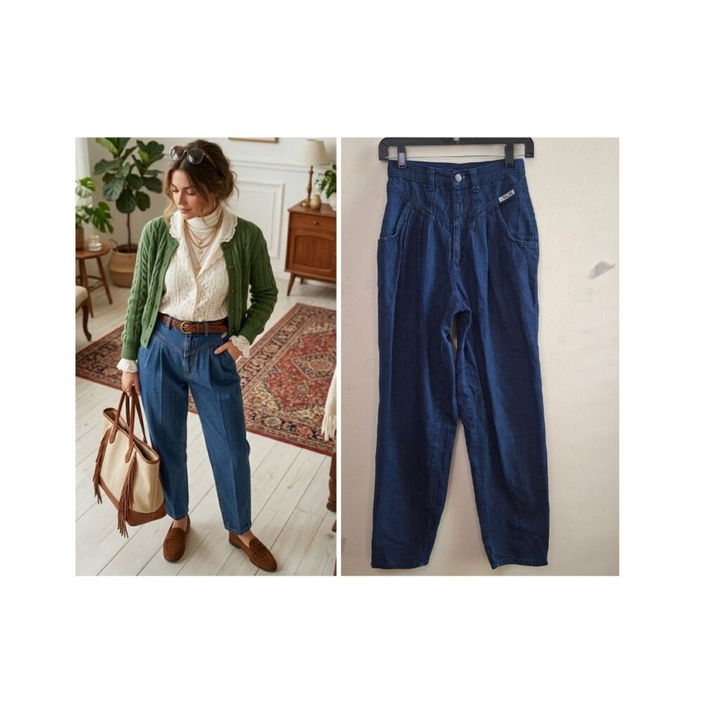Cherokee Vintage Western Yoke Pleated Mom Jeans USA Blue 10  High Rise Rodeo